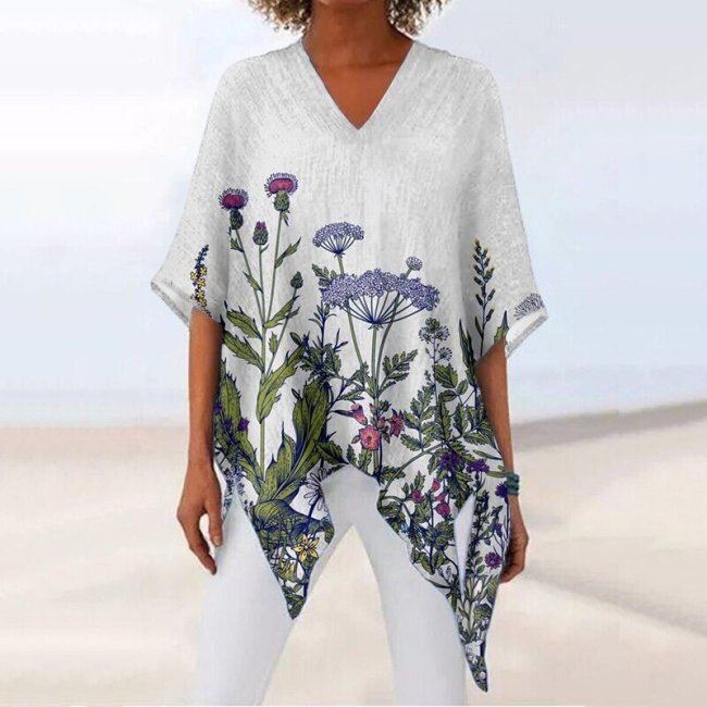 Women's Floral Printed Cotton And Linen Top