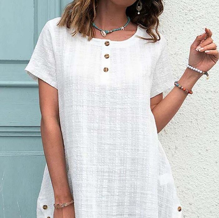 White Cotton Linen Casual Buttoned Short Sleeves Top