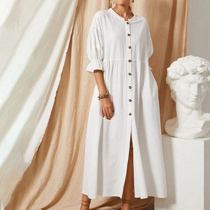 White Loose Cotton And Linen Round Neck Dress