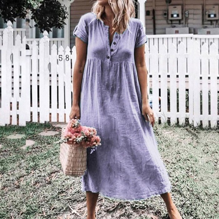 Pure Color Casual Cotton And Linen Short Sleeve Dress