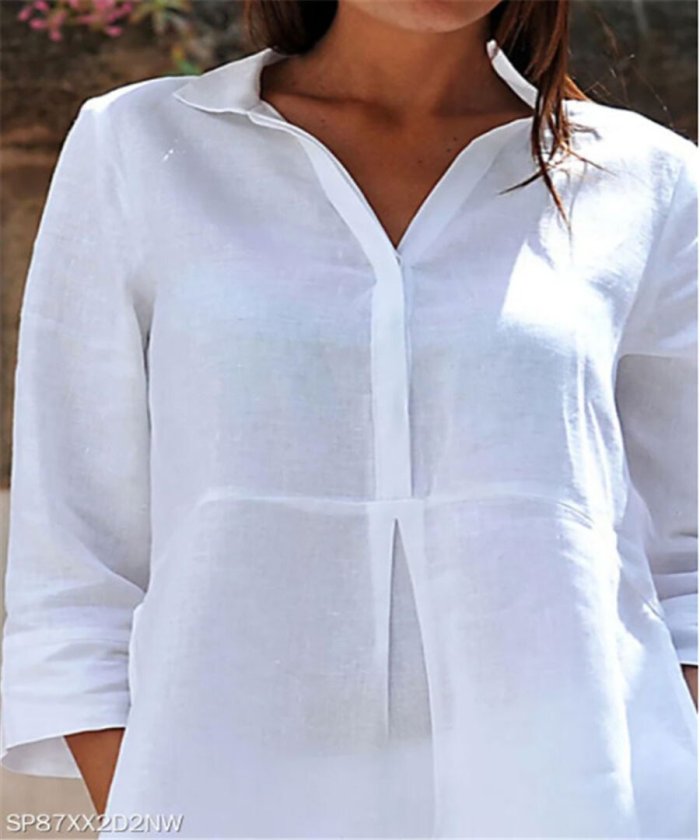 Solid Color Cotton Linen Lapel Slit Tuxedo Shirt Top