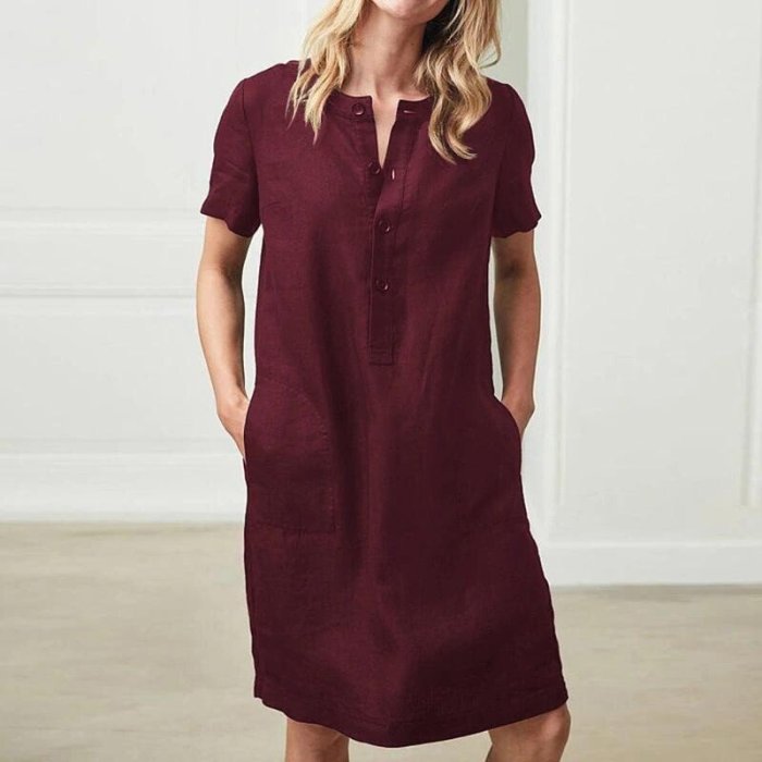 Button linen loose short-sleeved mid-length women's dress