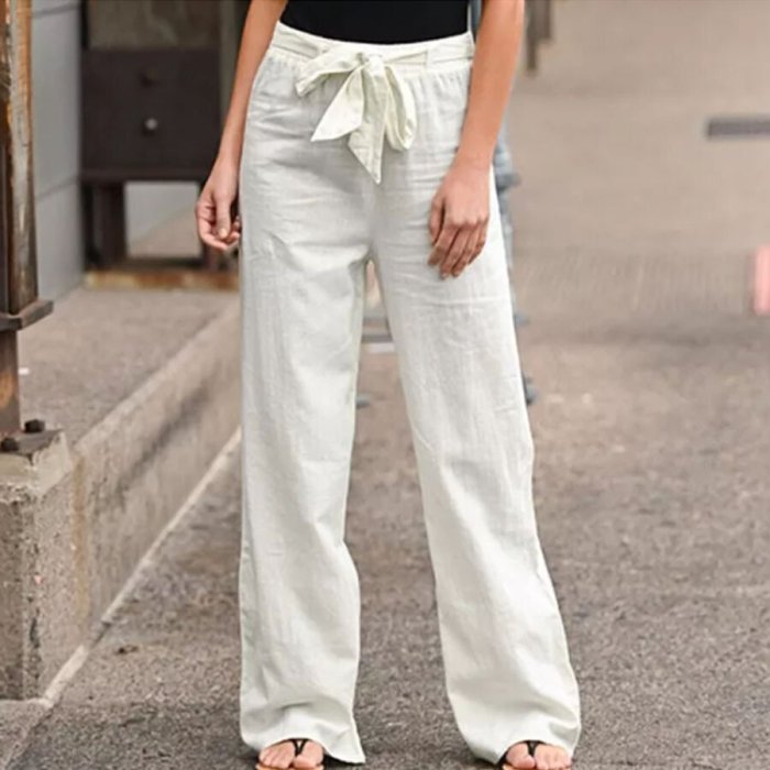 Ladies' Simple Style Cotton And Linen Wide-Leg Pants