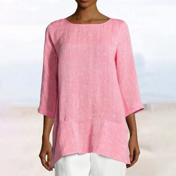 Pure Color Cotton And Linen Round Neck Top