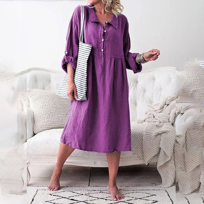 Pure Color Casual Cotton And Linen Shirt Dress
