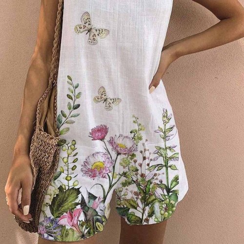 Women's Butterfly Floral Print Cotton Linen Jumpsuit