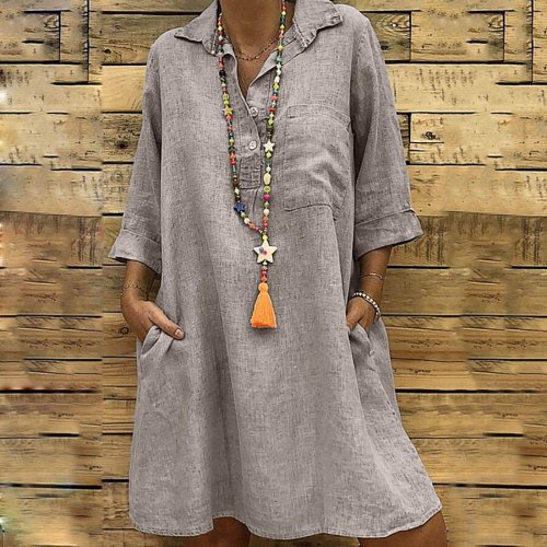 Solid Color Large Size Casual Cotton Linen Collar Dress