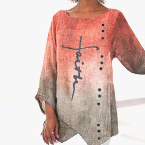 Women's Letter Printed Cotton And Linen Top