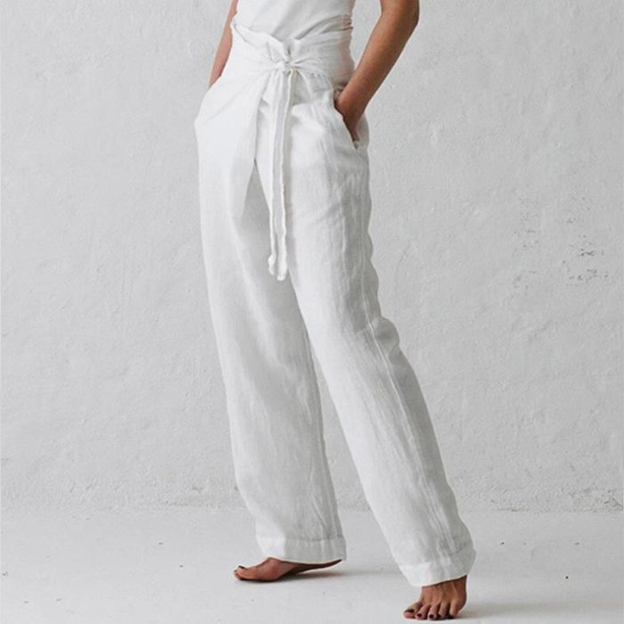 Solid Cotton Linen High Waist Long Pants