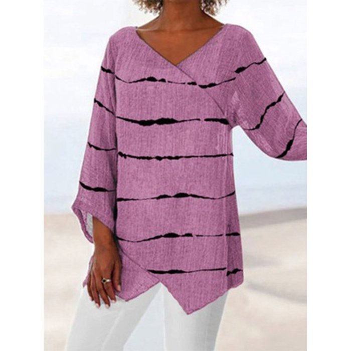 Women's Cotton Linen Stripe lLong Sleeve T-Shirt