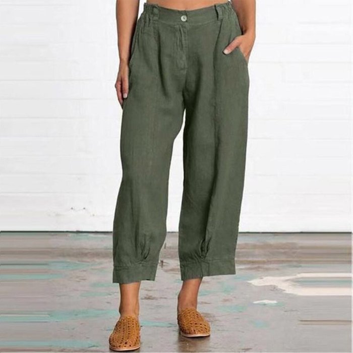 Solid Color Loose Large Size Casual Cotton Linen Nine-Point Pants