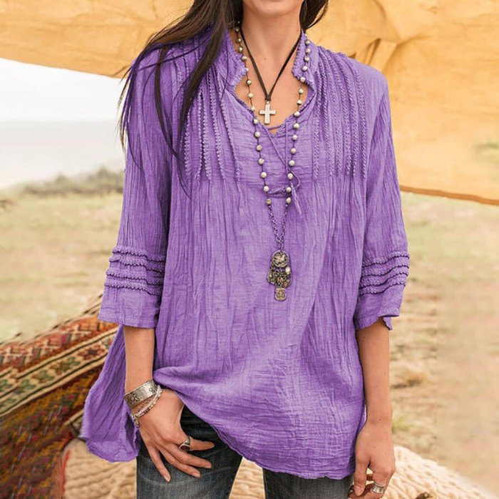 Solid Color Cotton And Linen Casual Shirt Top