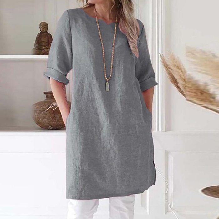 Solid Color Large Size Cotton And Linen Casual Top