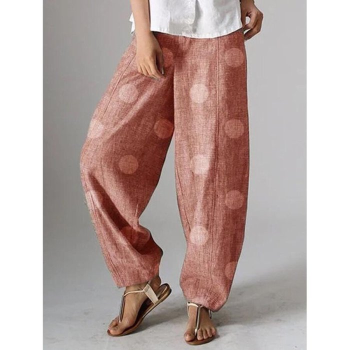 Women's Polka Dot Printed Cotton Linen Pants
