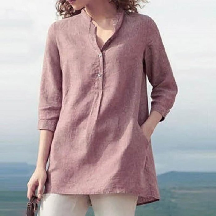 Pure Color Casual Cotton And Linen 3/4 Sleeve Shirt