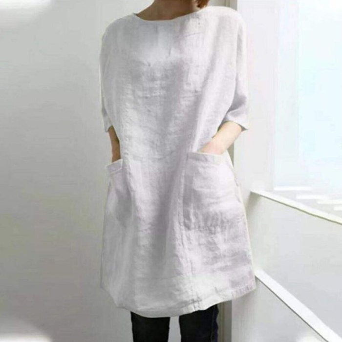 Solid Color Cotton Linen Pocket Mid-Sleeve Dress