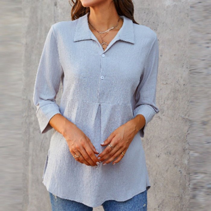 Ladies Cotton And Linen Solid Color Lapel Three-Quarter Sleeve Top