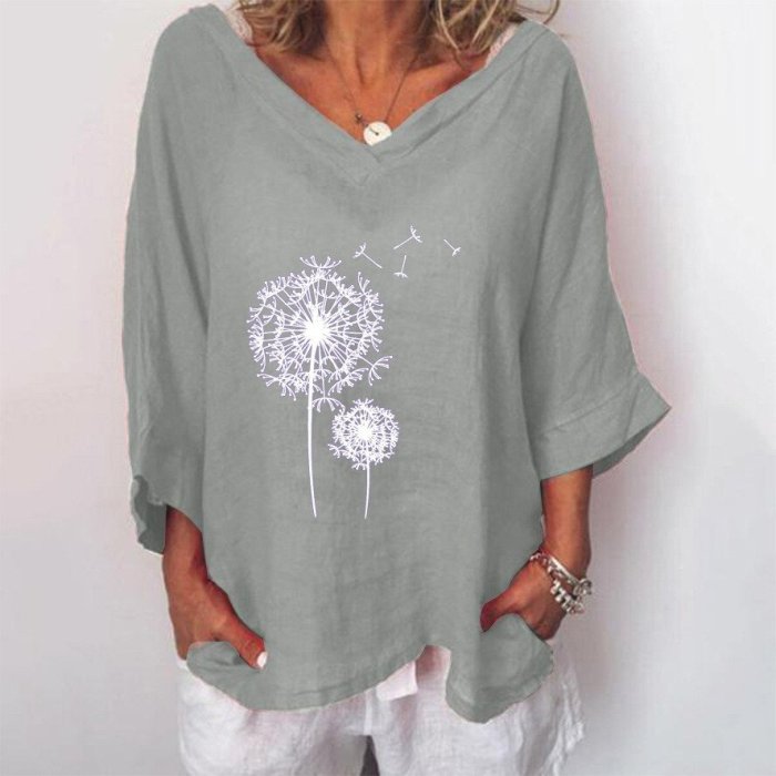 Dandelion print V-neck three-quarter sleeve cotton and linen top