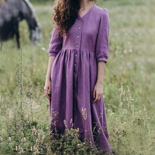 Violet Cotton And Linen Casual Dress