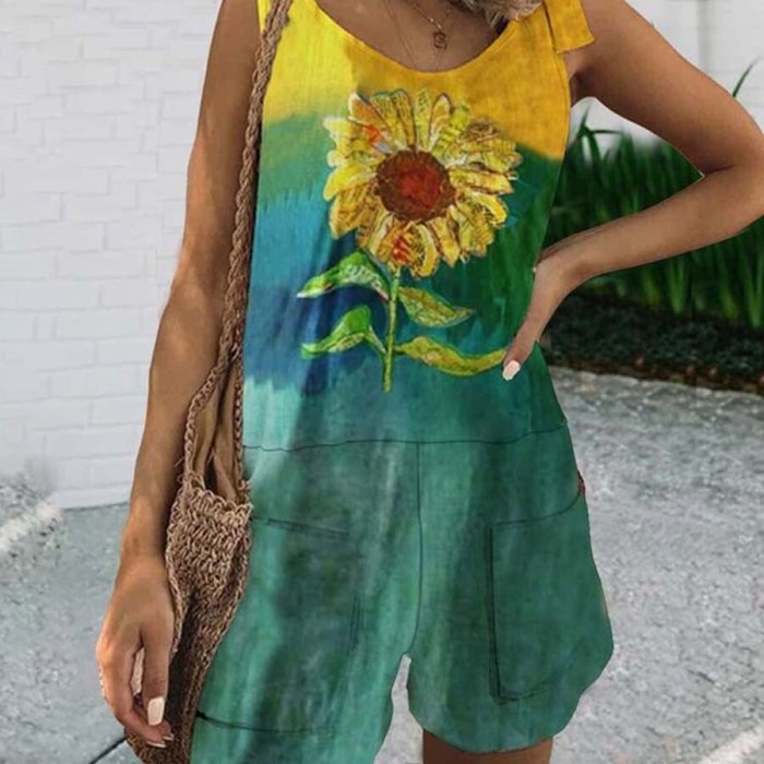 Women's Sunflower Printed Cotton Linen Jumpsuit