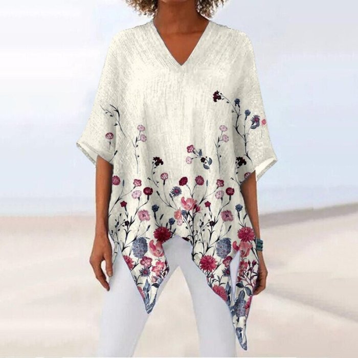 Women's Floral Printed Cotton And Linen Top
