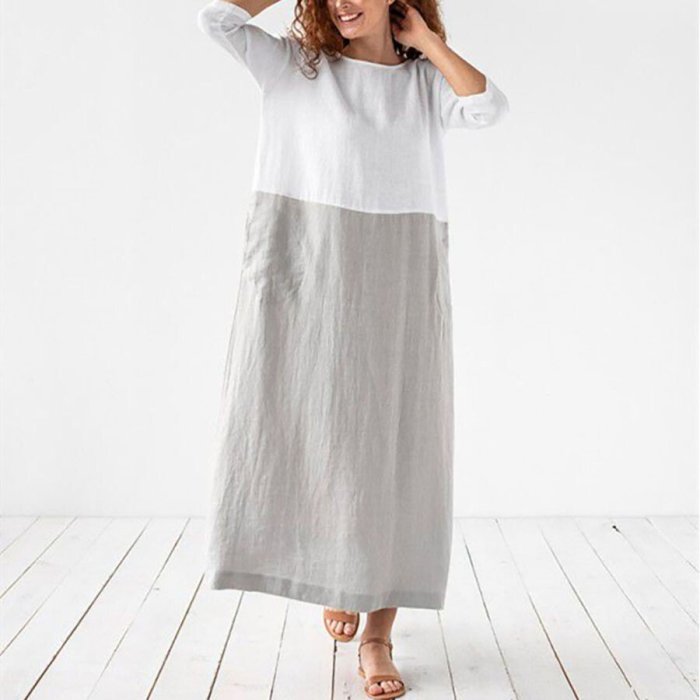 Solid Color Loose Cotton And Linen Panel Long Dress