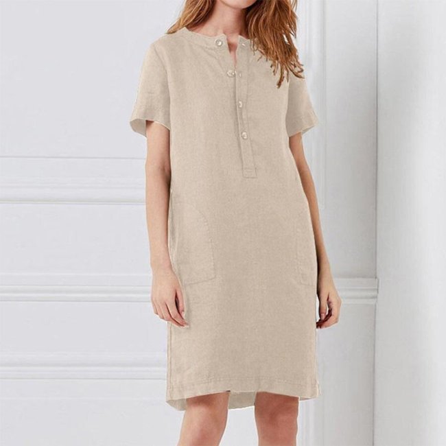 Women's Cotton Linen Short Sleeve Loose Dresses