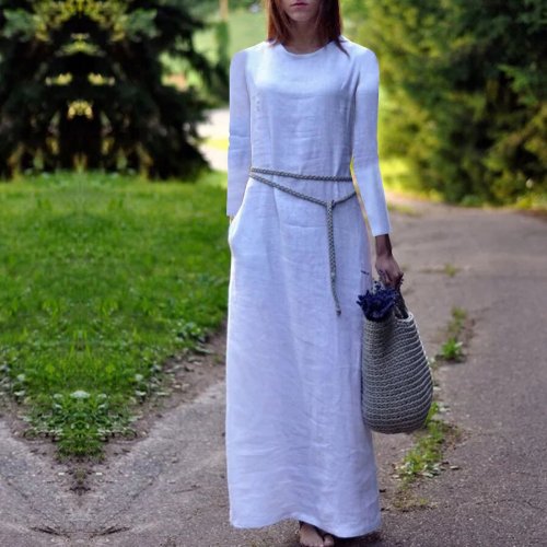 Solid Color Cotton Linen Casual  Long Dress