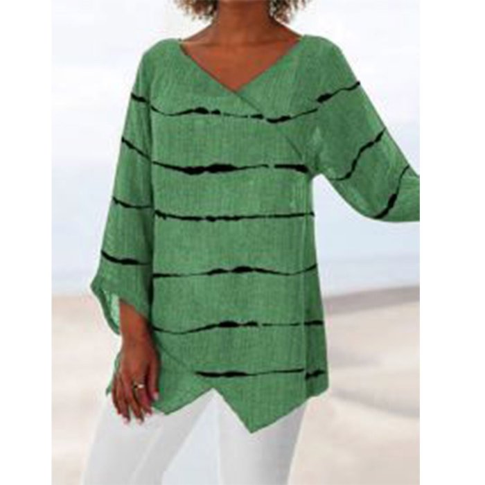 Women's Cotton Linen Stripe lLong Sleeve T-Shirt