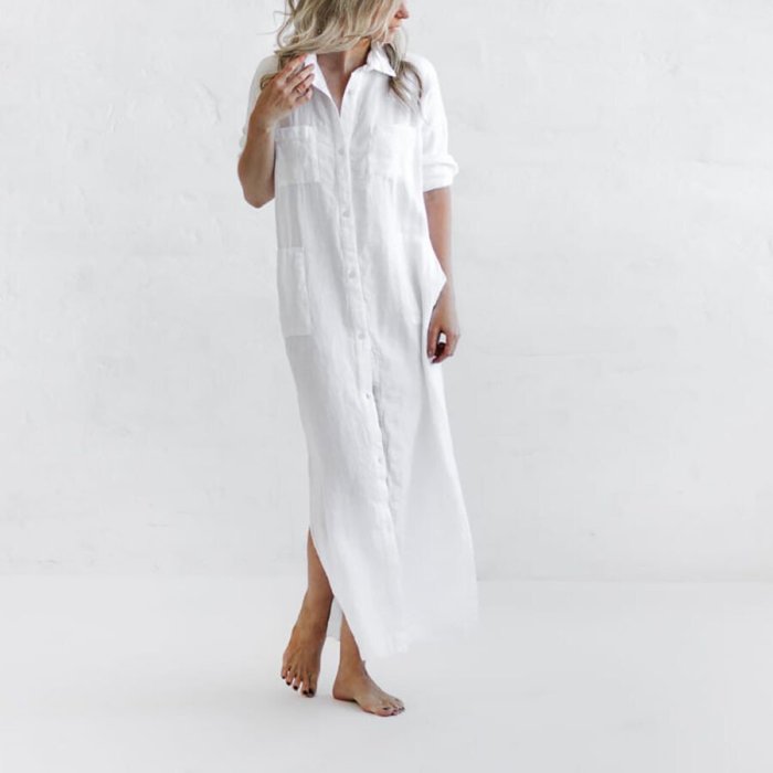 Pure Color Casual Split Cotton And Linen Shirt Dress