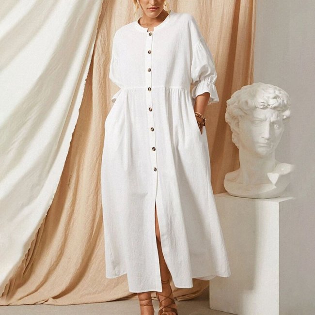 White Loose Cotton And Linen Round Neck Dress