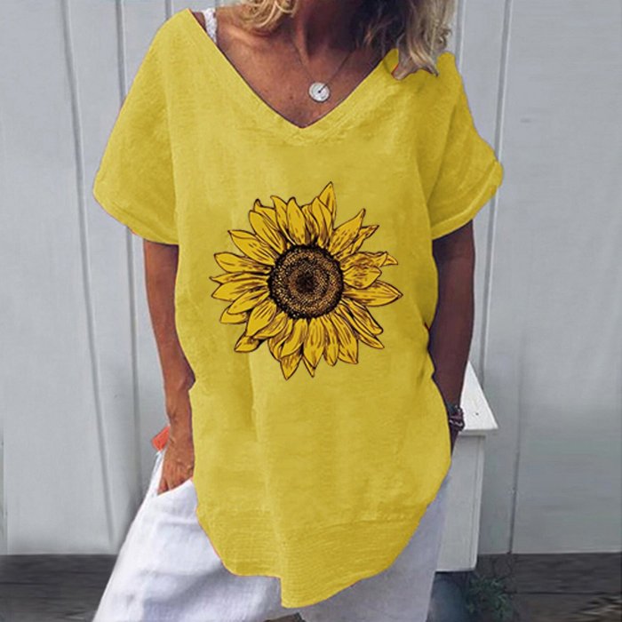 Sunflower print cotton and linen casual T-shirt women