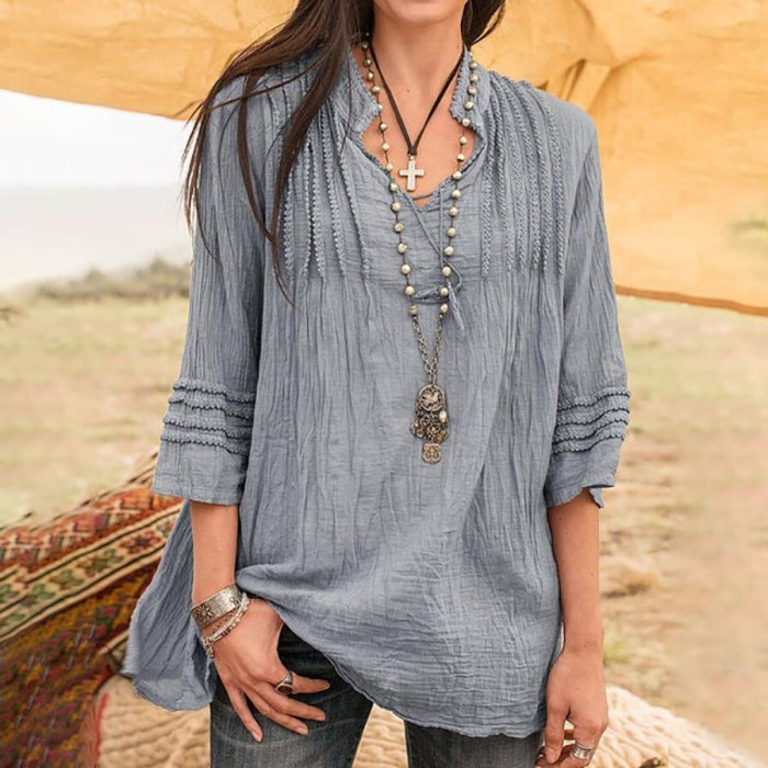 Solid Color Cotton And Linen Casual Shirt Top