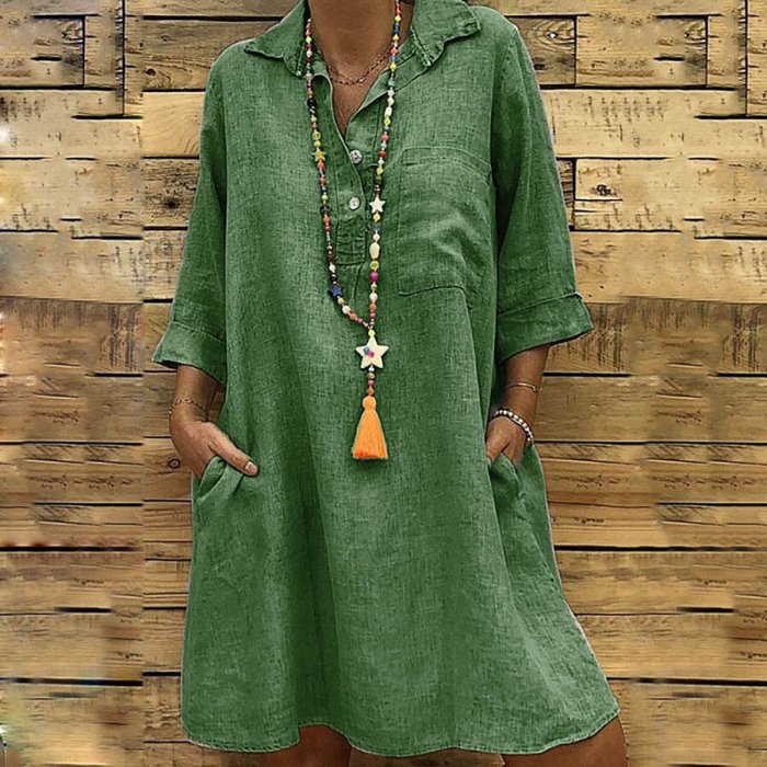 Solid Color Large Size Casual Cotton Linen Collar Dress