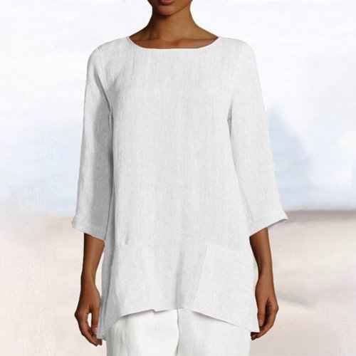 Pure Color Cotton And Linen Round Neck Top