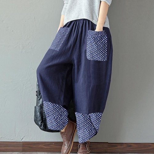 Ladies Stitching Printed Cotton And Linen Wide-Leg Pants Casual Pants