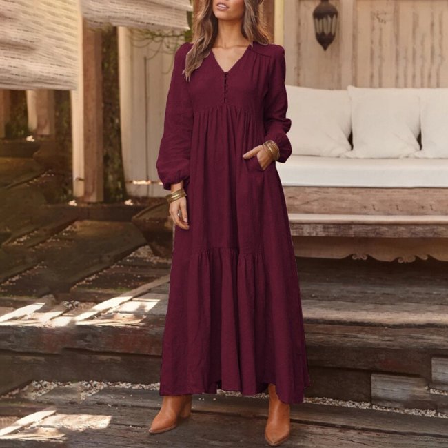 Red wine Cotton And Linen Retro Casual Dress