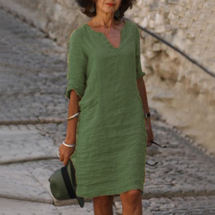 Solid Color V-Neck Cotton Linen Casual Dress