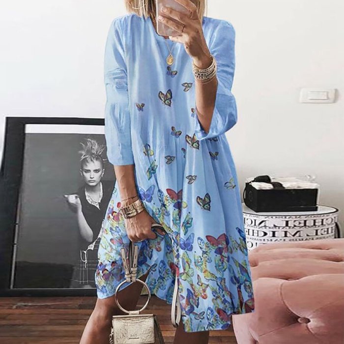Loose Casual Cotton And Linen Butterfly Print Dress