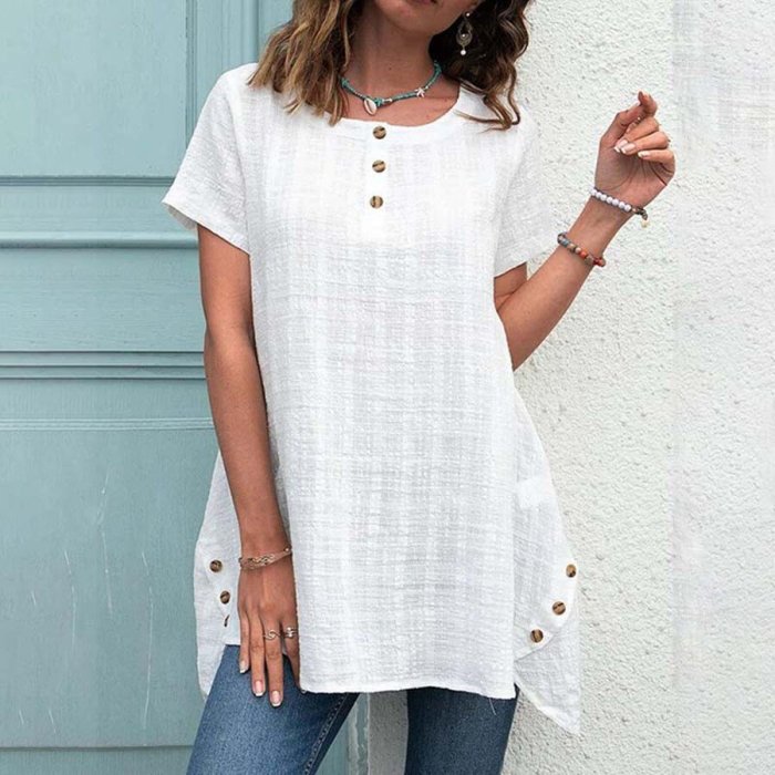 White Cotton Linen Casual Buttoned Short Sleeves Top