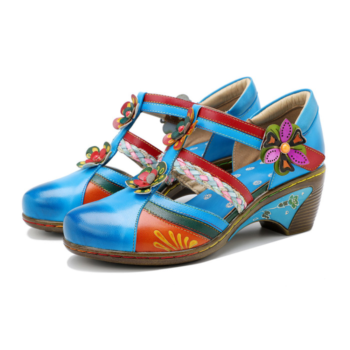 Women Bohemian Leather Printing Stitching Non-slip  Breathable Sandals