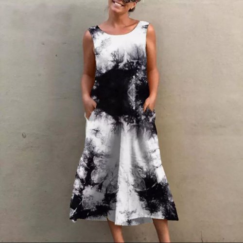 Women's Black and White Tie Dye Print Sleeveless Dress