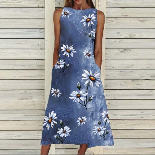 Daisy Print Casual Sleeveless Round Neck Spring/Summer Dress