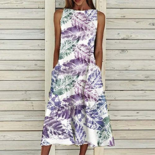 Leaf Print Women's Casual Pocket Sleeveless Dress