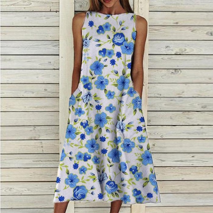 Blue Floral Print Casual Sleeveless Round Neck Dress