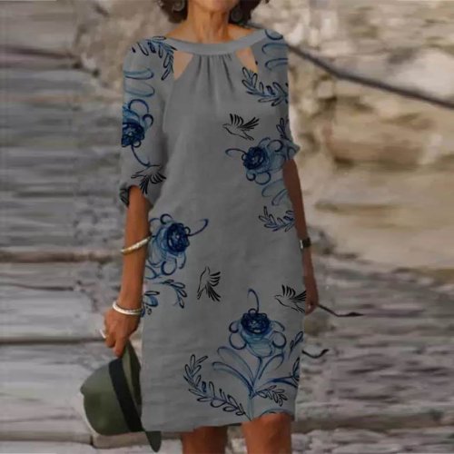 Casual Loose Floral Printed Hollow Round Neck Dress