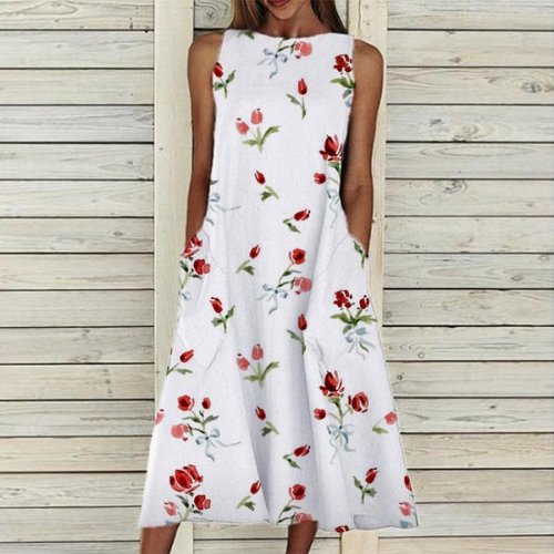 Red Floral Print Casual Sleeveless Round Neck Dress