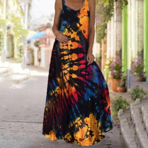 Colorful Sleeveless Print Dress With Shoulder Straps