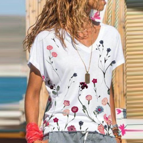 Ladies Casual Floral Print V-Neck Short Sleeve Top