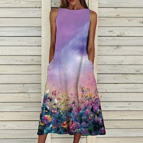 Women's Casual Floral Print Pocket Sleeveless Dress